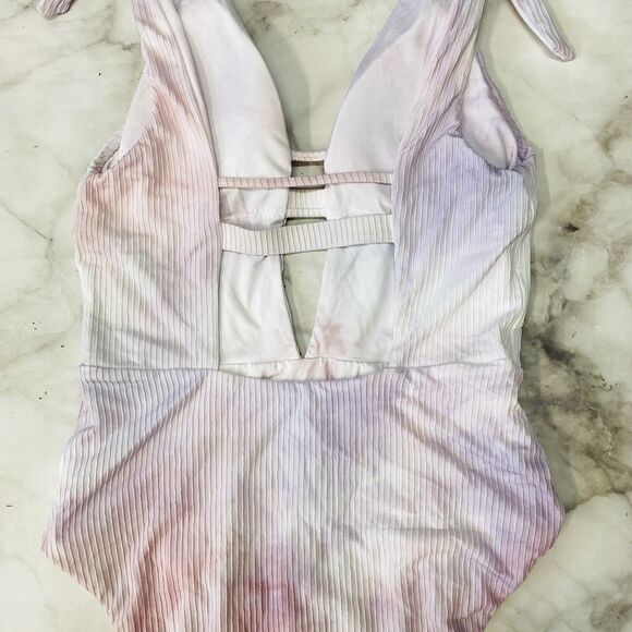 Soluna Tie Dye Ribbed Plunging One Piece Swimsuit Small Multicolor Pastel New - Picture 6 of 7